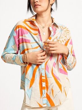 Anthropologie Maeve Floral Burst Pink Orange Multi Button Down Shirt Tunic